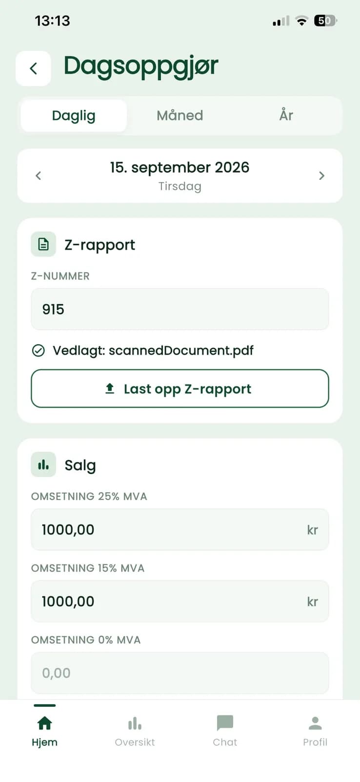 Dagsoppgjør med Z-rapport og omsetning fordelt på MVA-satser
