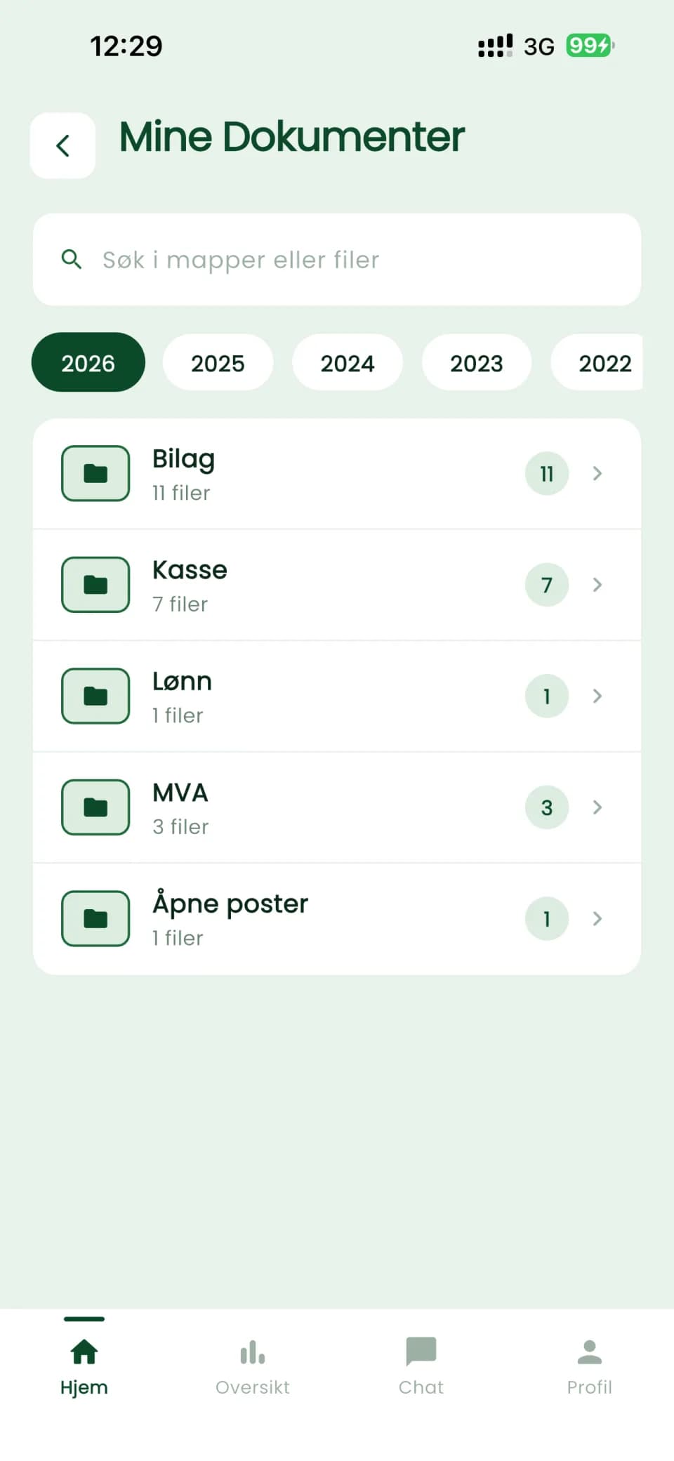 Mine dokumenter, med mapper for bilag, kasse, lønn og MVA sortert etter år