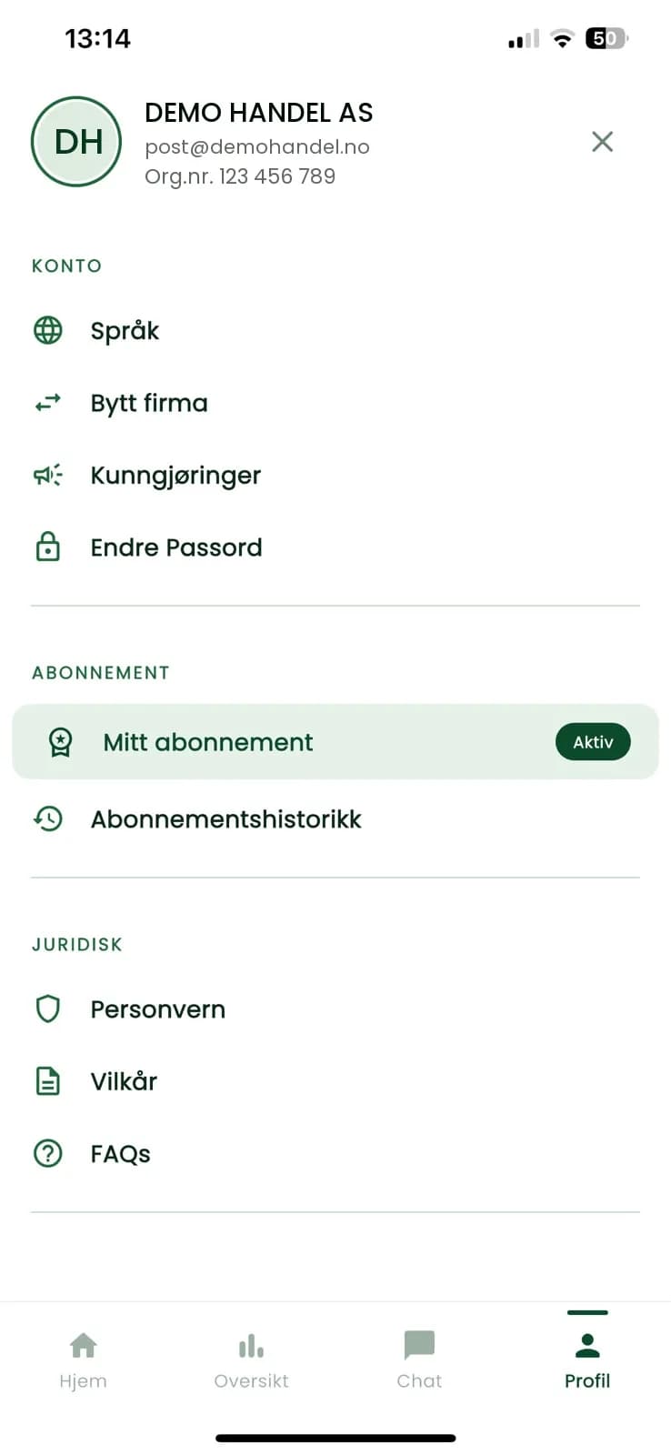 Profil med konto, abonnement og juridisk informasjon