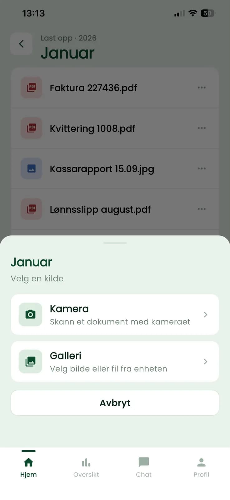 Velg kilde for opplasting: kamera eller galleri
